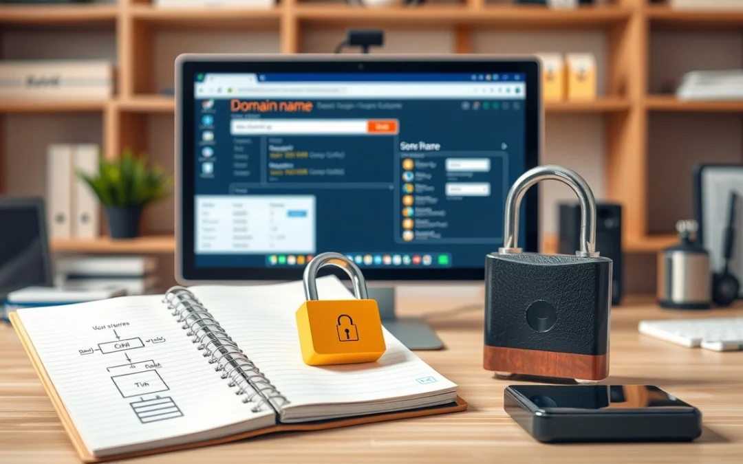 Une scène illustrant les étapes pour sécuriser et gérer un nom de domaine professionnellement.