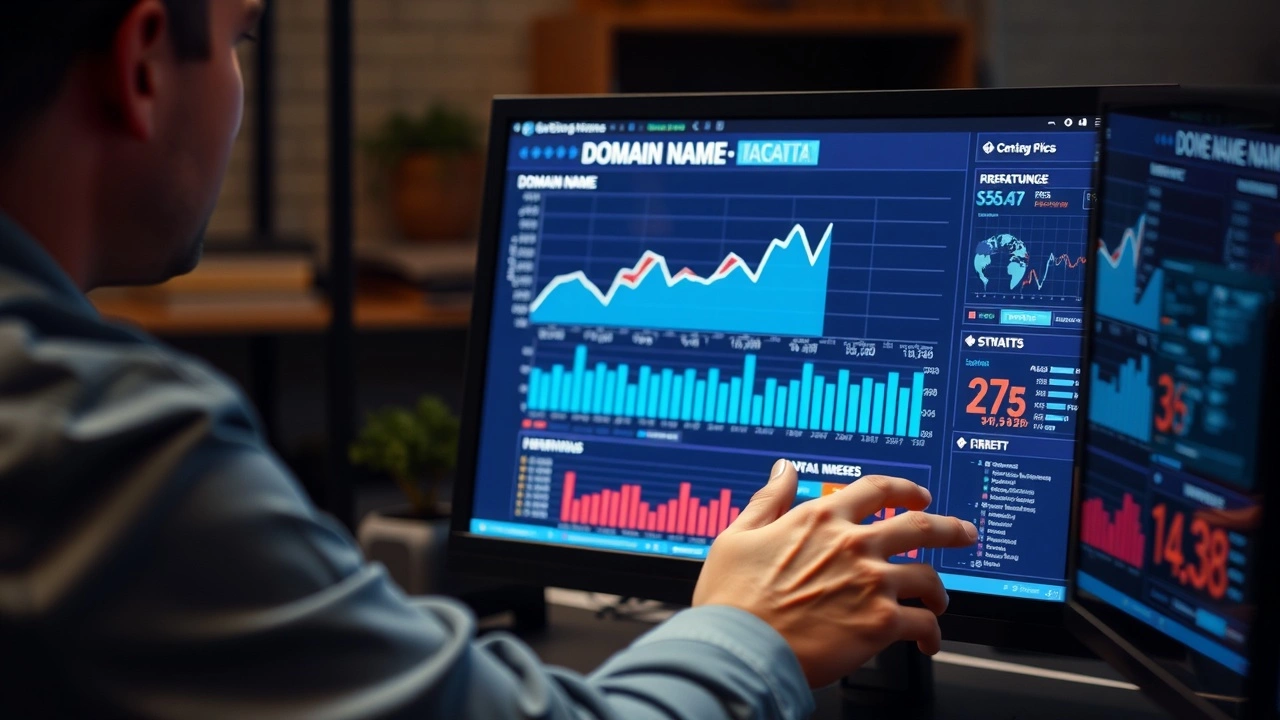 person évaluant un nom de domaine sur un écran d'ordinateur