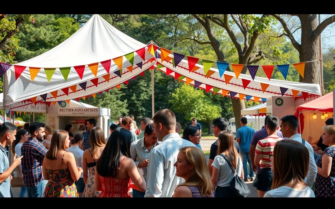 Image d'un événement en plein air avec des gens heureux et des stands de nourriture