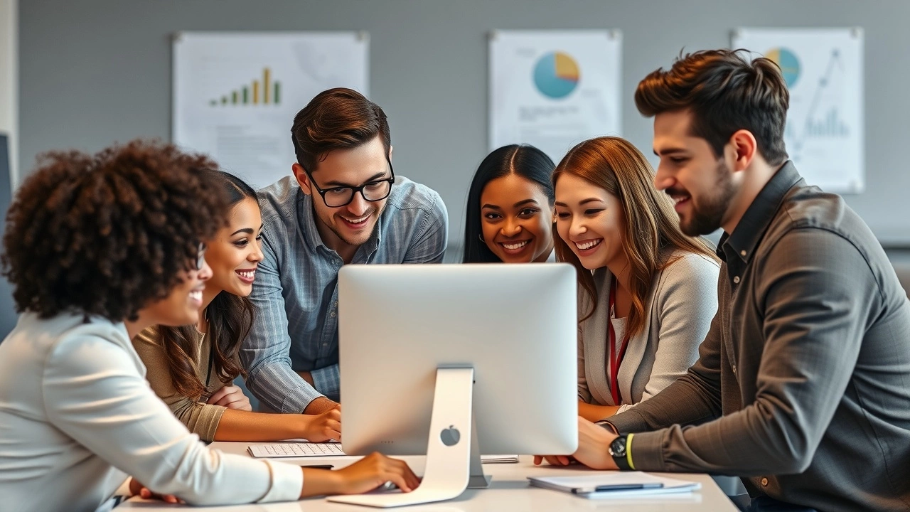 groupe de personnes collaborant autour d'un ordinateur