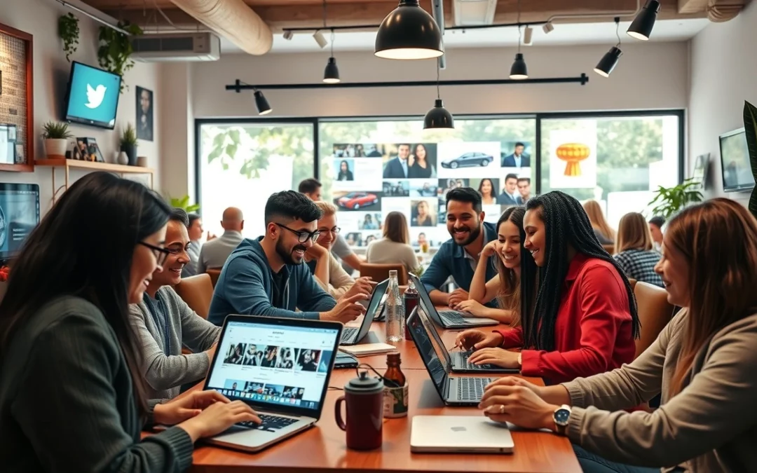 Une illustration d'une communauté en ligne active avec des utilisateurs créant et partageant du contenu.