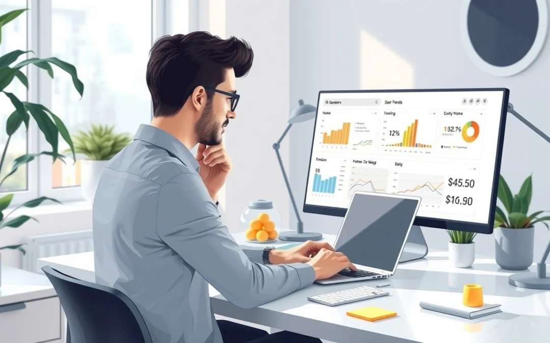 Une illustration photoréaliste d'une personne réfléchissant à la sélection d'un nom de domaine, entourée d'éléments de bureau modernes.