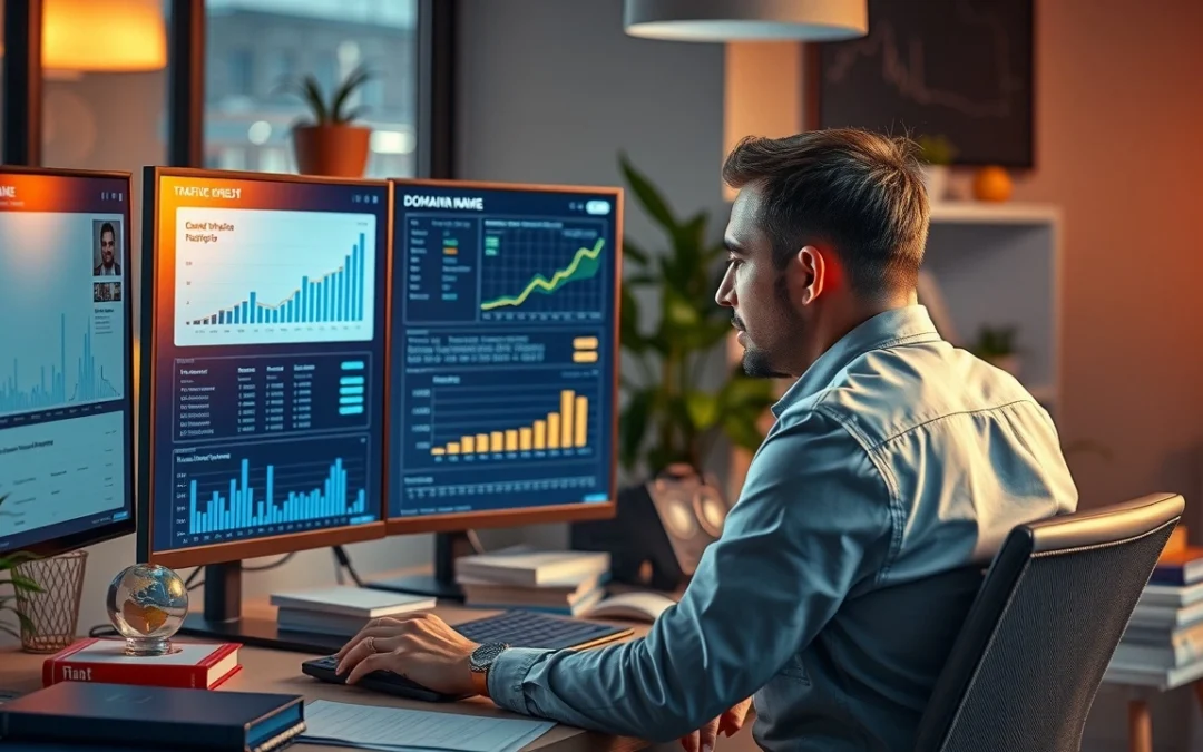 Un professionnel dans un bureau moderne analysant des données sur l'enregistrement de noms de domaine.