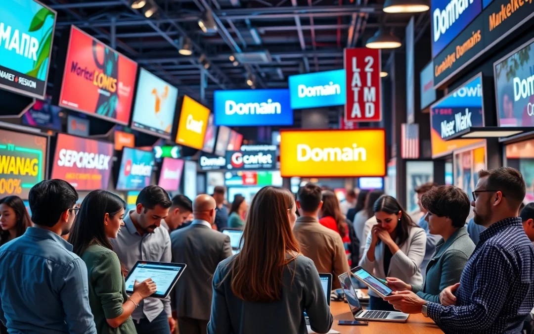 Un marché animé avec des professionnels discutant de la revente de noms de domaine.