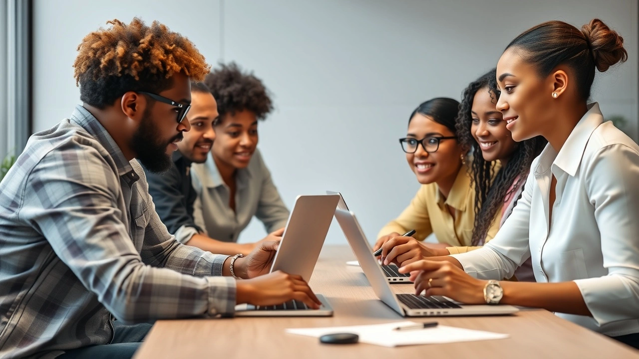 groupe de personnes en séance de mentorat utilisant des ordinateurs