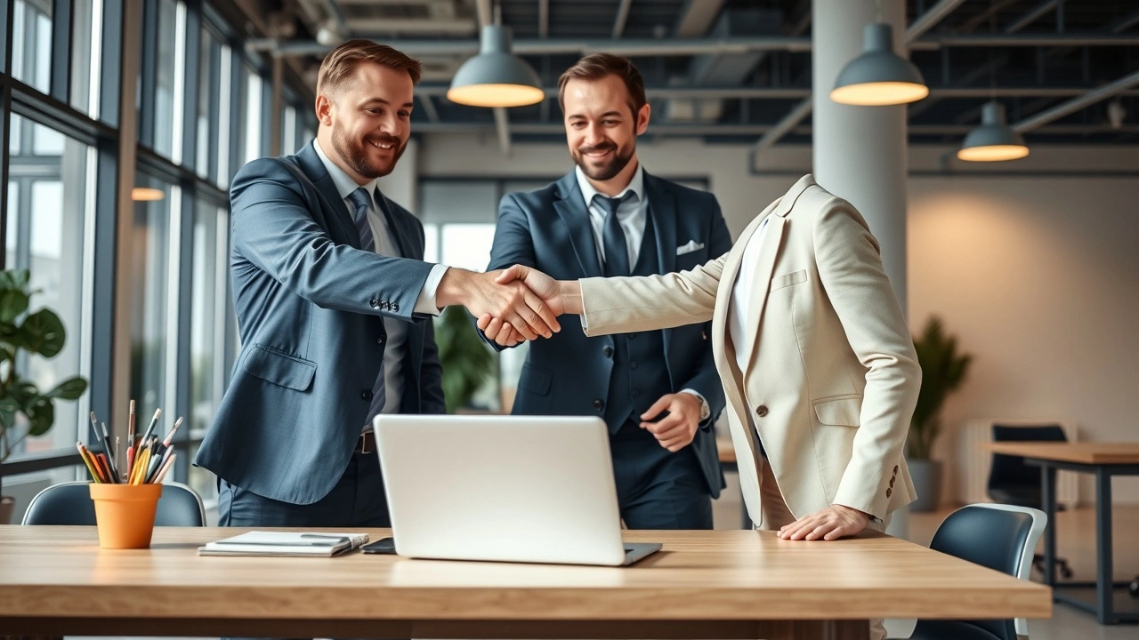 deux personnes d'affaires se serrent la main dans un bureau moderne