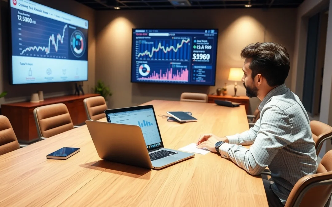 Une scène illustrant une négociation pour la vente d'un nom de domaine dans un bureau moderne.