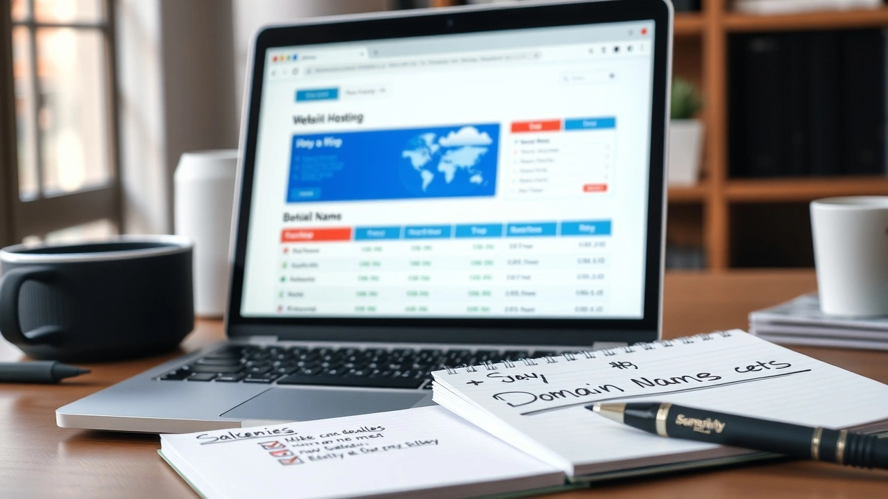 un ordinateur portable et un carnet avec des noms de domaine