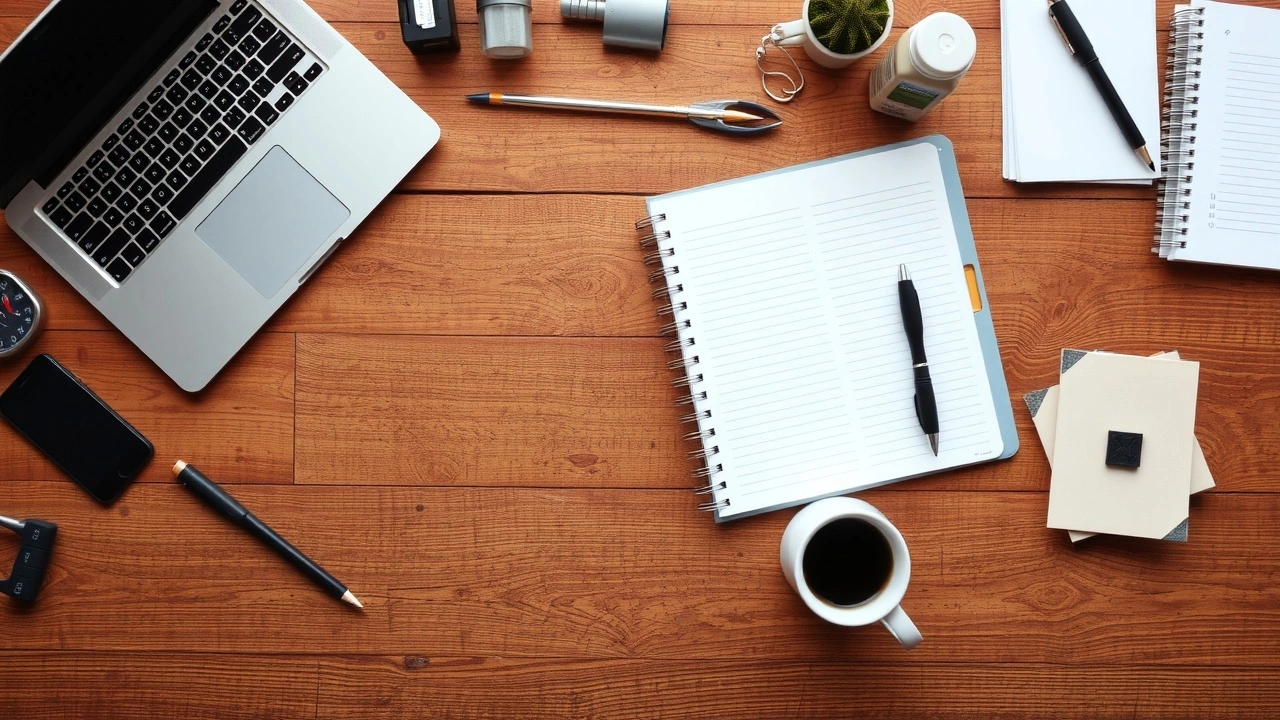 outils et ressources sur un bureau en bois