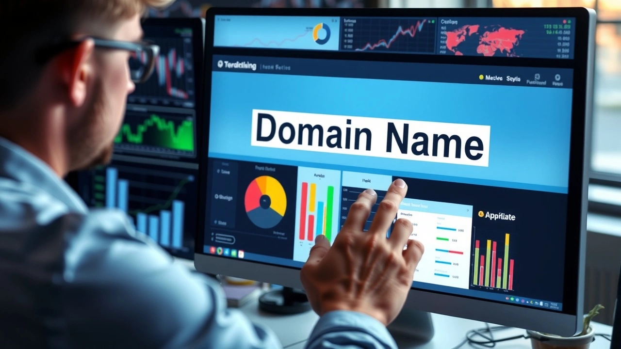 person évaluant un nom de domaine sur un écran d'ordinateur