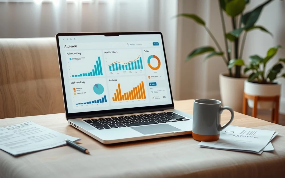 Plateforme d'enquetes sur un ordinateur portable moderne avec des graphiques et des formulaires.