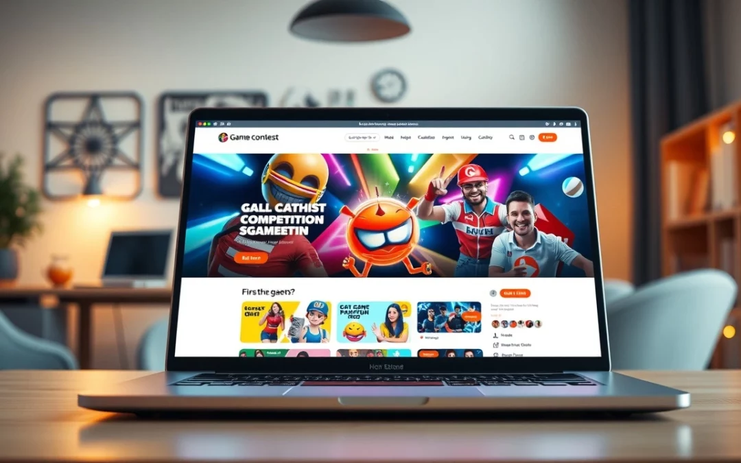 Un scène captivante d'une plateforme de concours en ligne avec un ordinateur portable affichant un site web de jeu