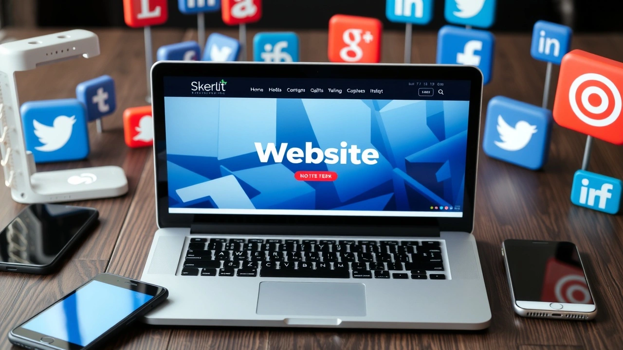 ordinateur portable affichant un site web avec icones de reseaux sociaux