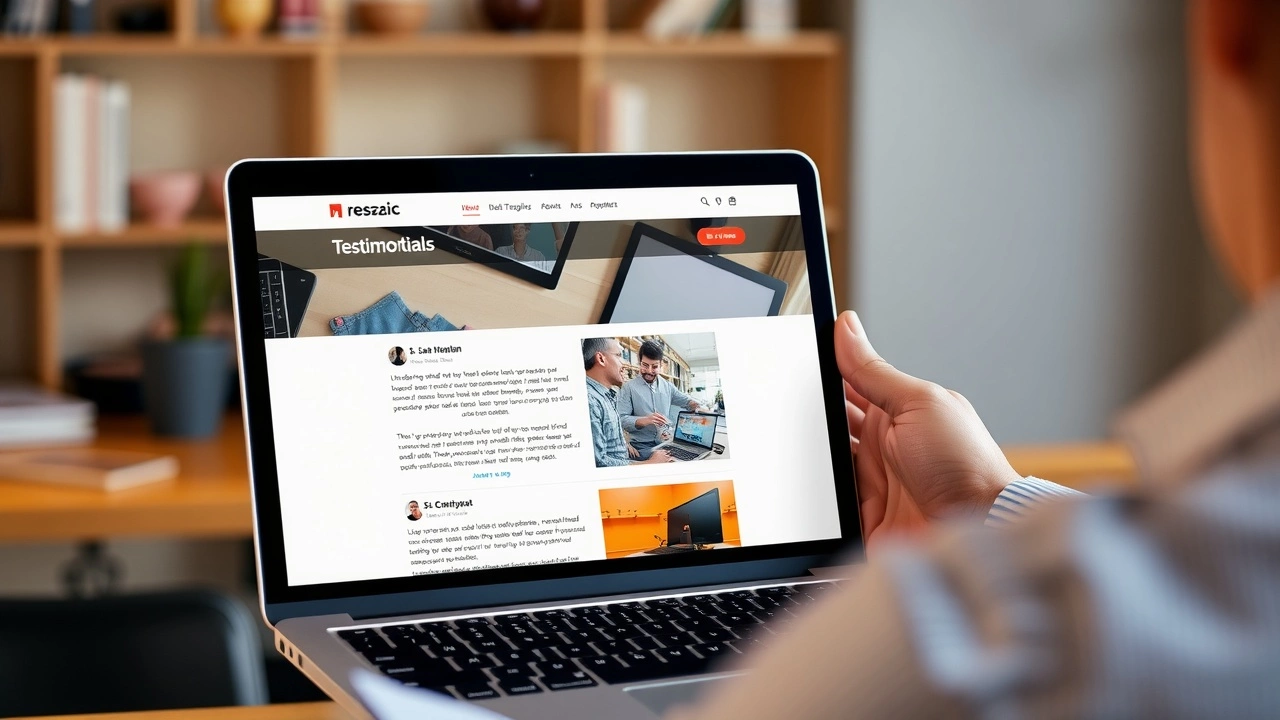 person montrant un site de témoignages sur un ordinateur