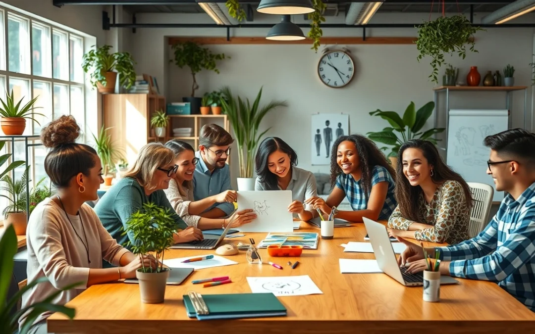 Un groupe diversifié de personnes travaillant ensemble sur un projet créatif dans un espace lumineux.