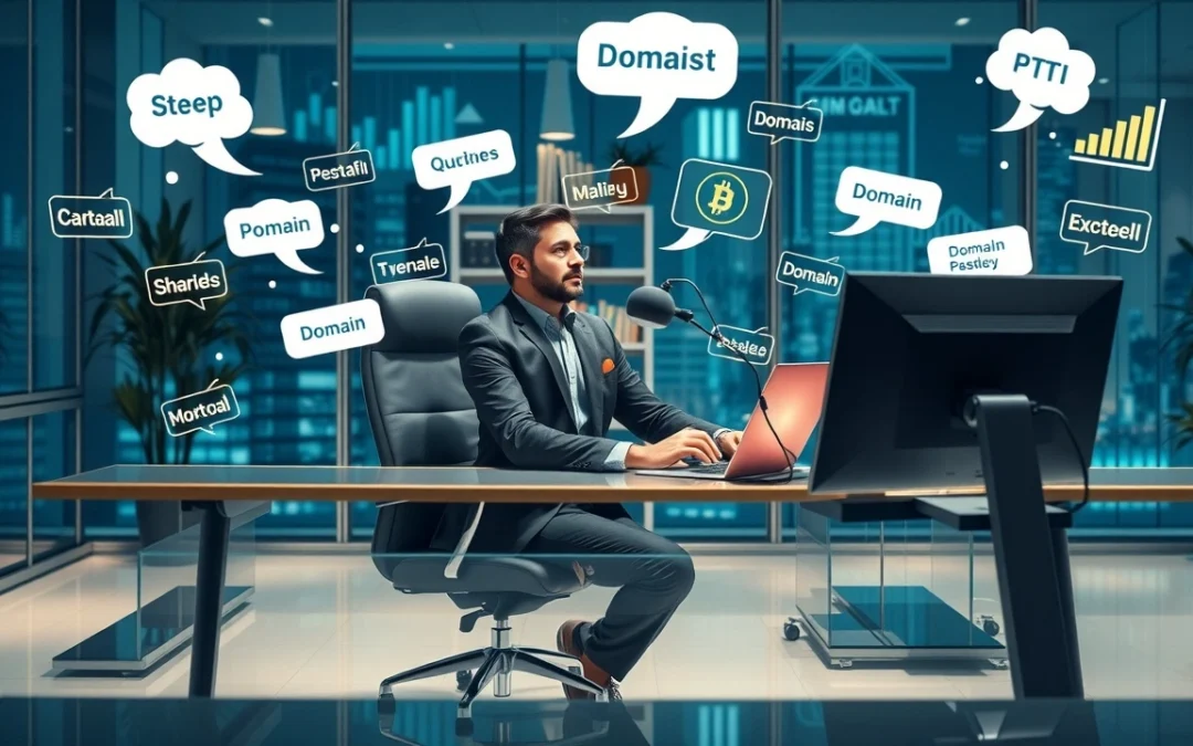 Un homme d'affaires discutant de la revente de noms de domaine, entouré d'icônes numériques et de graphiques de marché.