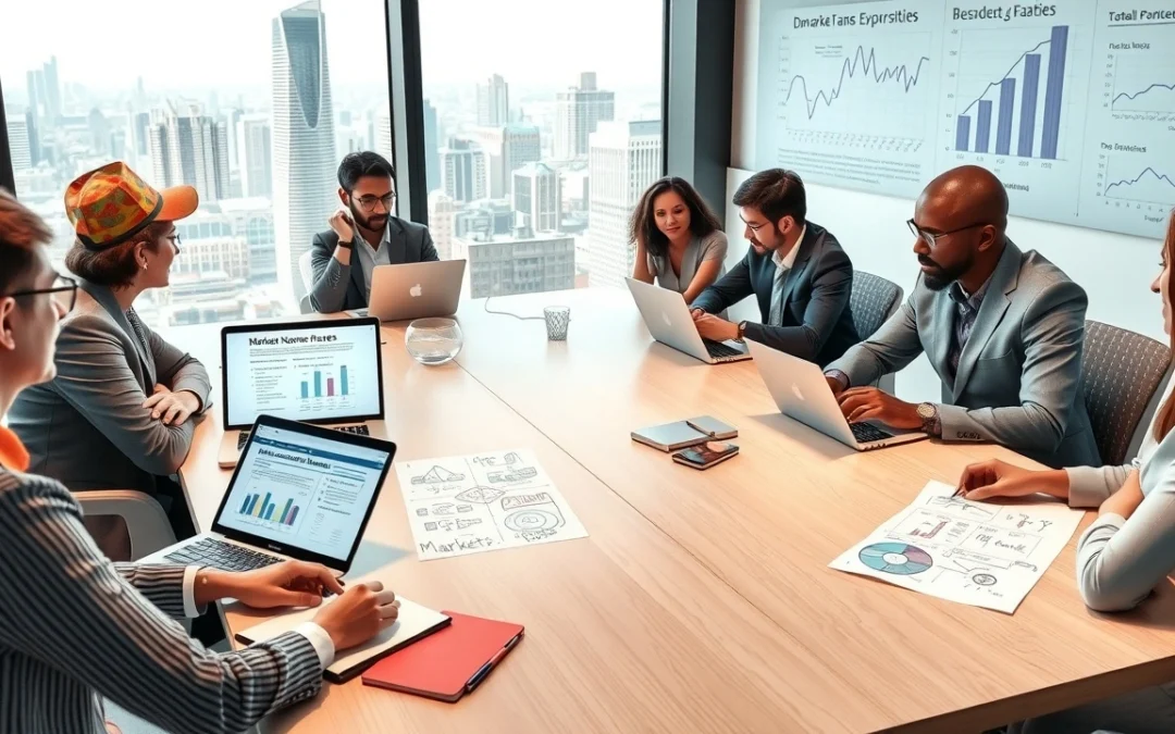 Image montrant des professionnels discutant de la vente de noms de domaine et de la segmentation de marché.