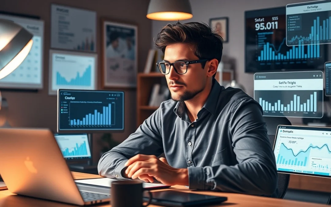 Une scène photoréaliste d'une personne à un bureau moderne, réfléchissant à la revente de noms de domaine.