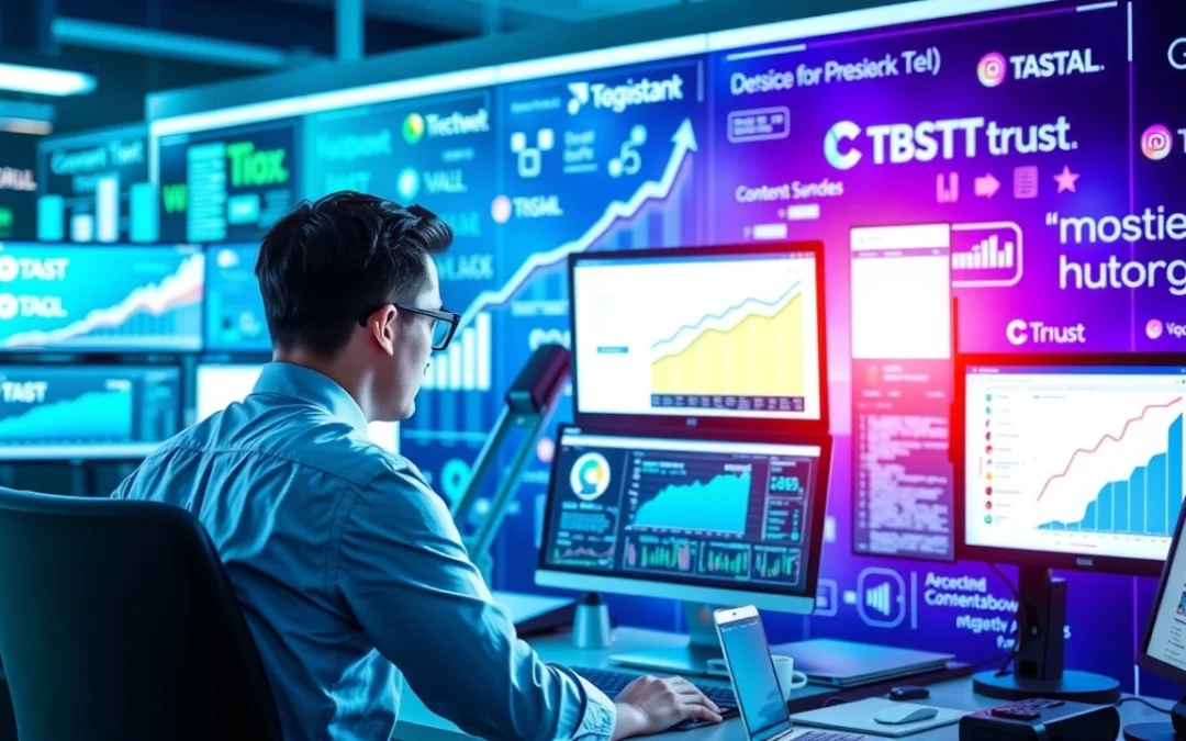 Un bureau digital animé illustrant une stratégie de contenu en ligne avec des graphiques de croissance.