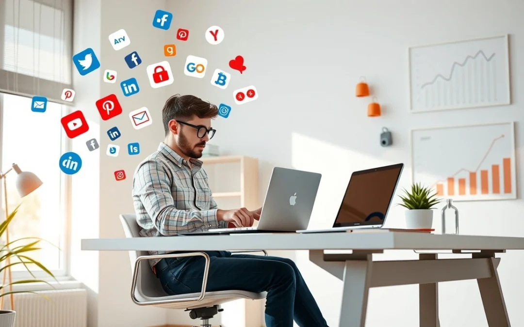 Une personne utilisant un ordinateur portable pour vendre un nom de domaine via les réseaux sociaux.