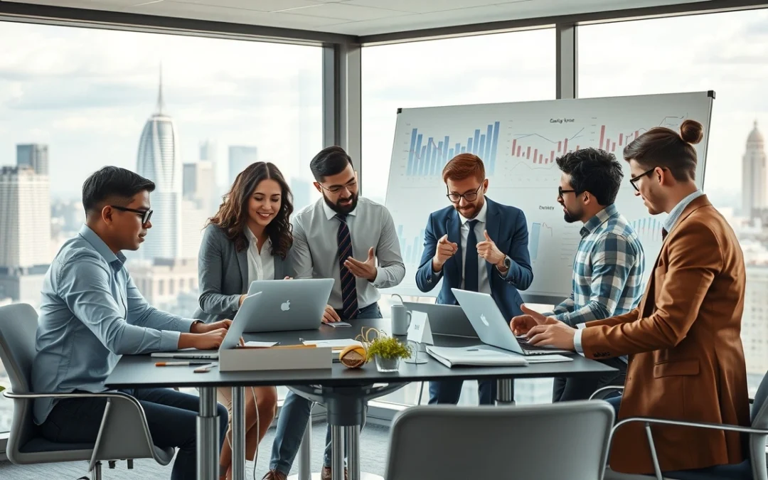 Une réunion professionnelle sur la vente de noms de domaine et les partenariats stratégiques.