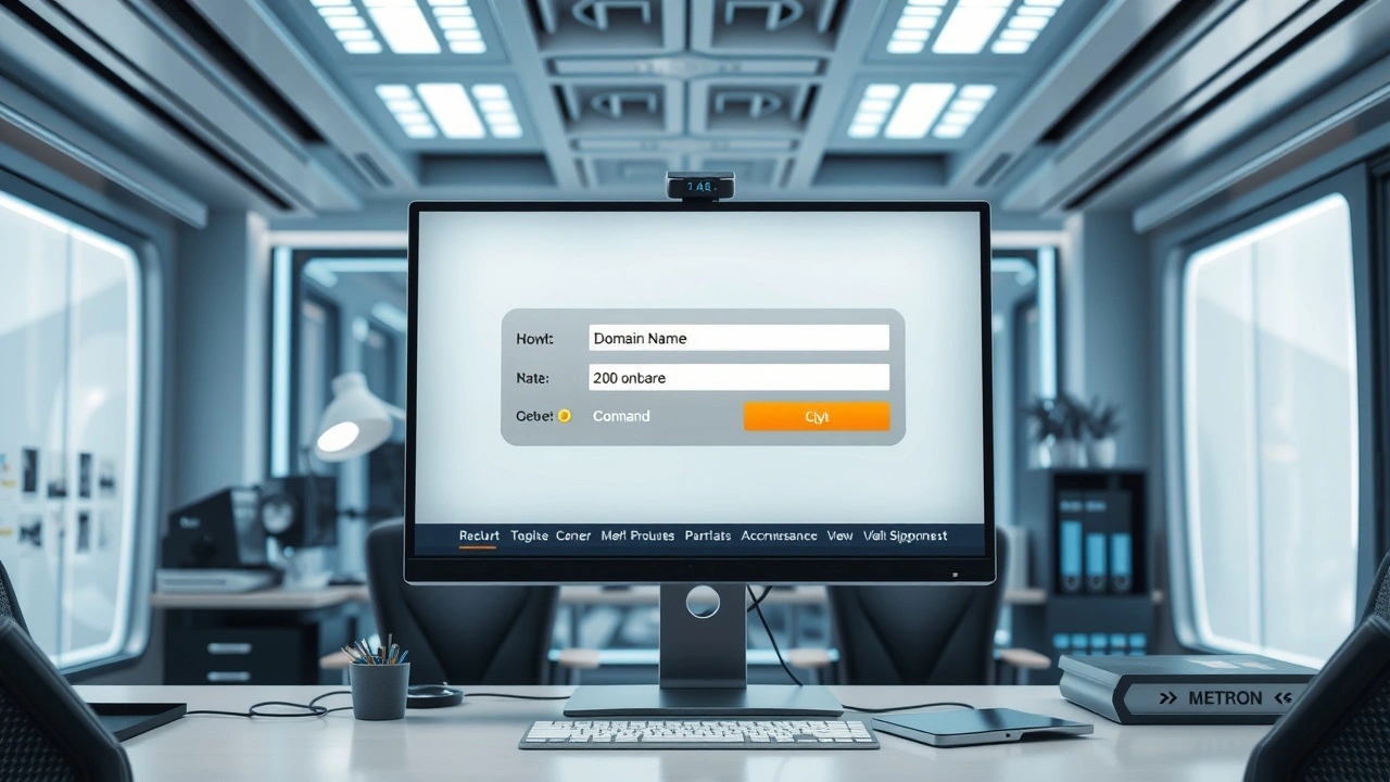 bureau futuriste avec un ordinateur et une interface de domaine
