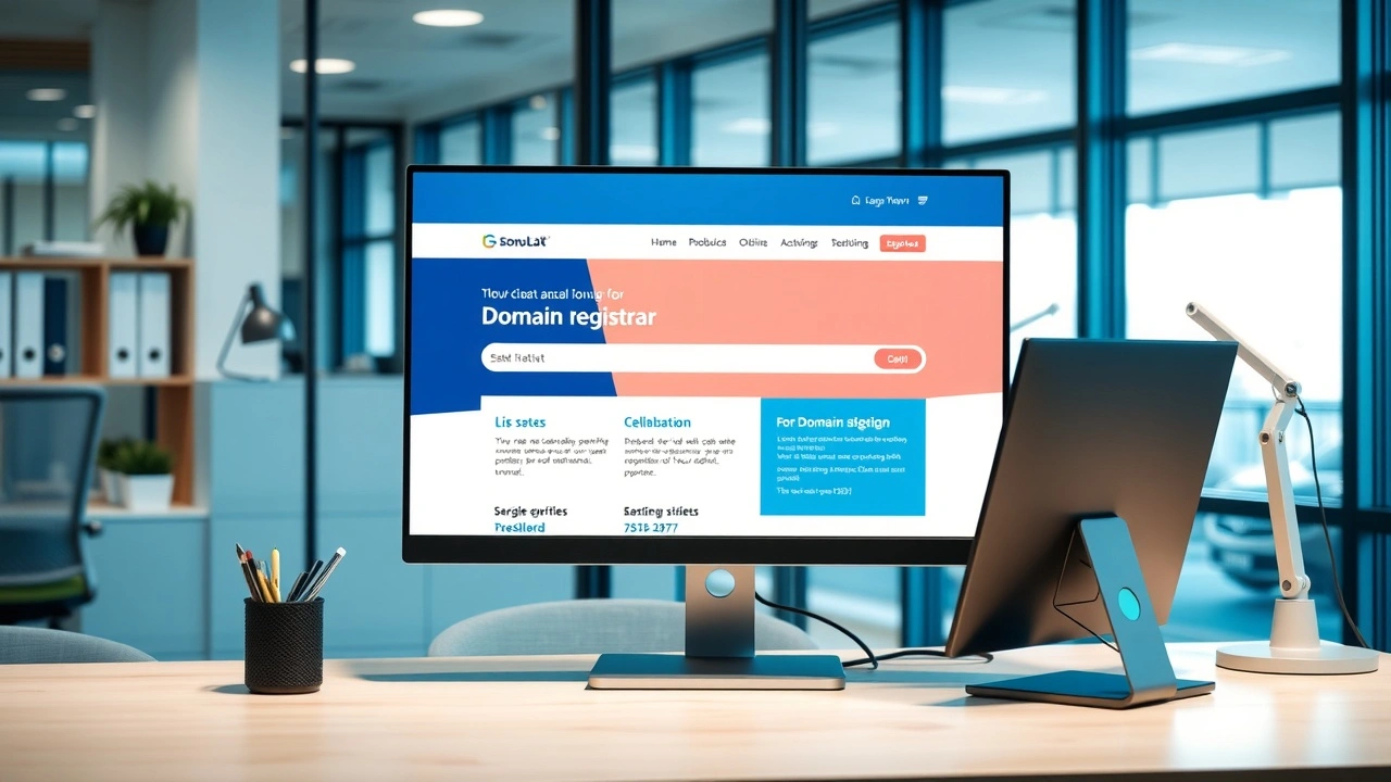 bureau moderne avec ordinateur affichant un site de registrar
