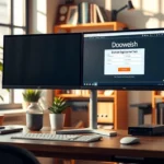 Un bureau moderne avec un ordinateur affichant un site d'enregistrement de domaine.