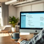 Une image d'un bureau moderne montrant la gestion sécurisée d'un nom de domaine sur un ordinateur.