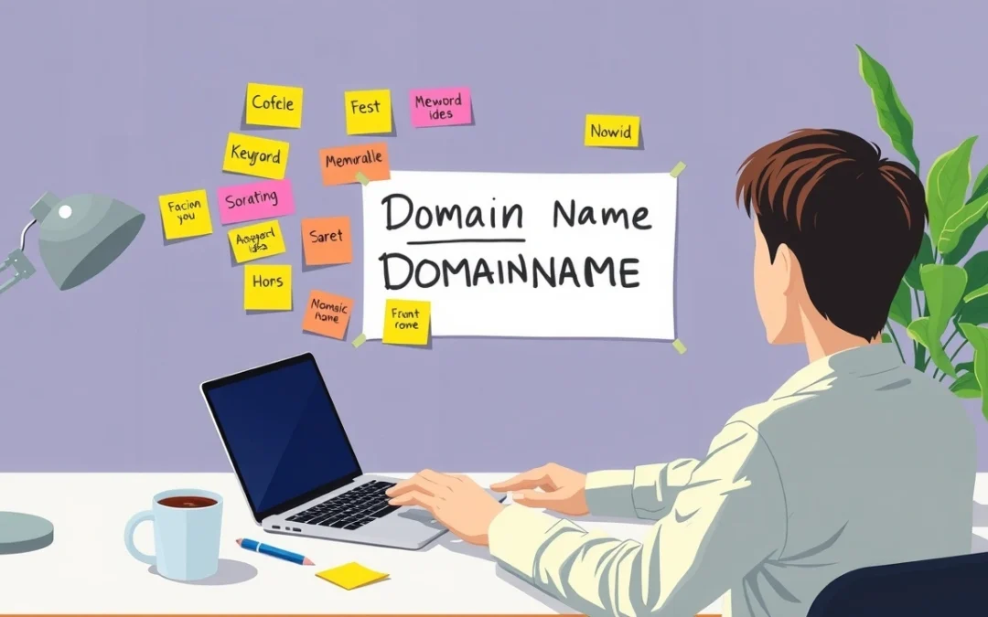 Une personne réfléchit à des noms de domaine mémorables devant un ordinateur.