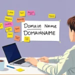 Une personne réfléchit à des noms de domaine mémorables devant un ordinateur.