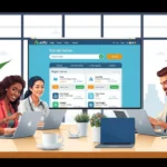 Un groupe de professionnels collaborant pour acheter un nom de domaine dans un bureau moderne.