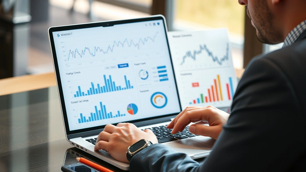homme d'affaires analysant des tendances de marché sur un ordinateur