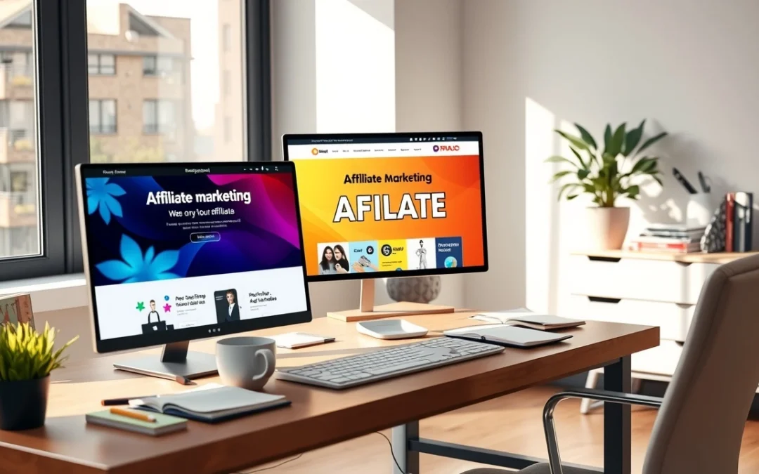 Un bureau moderne avec un écran d'ordinateur affichant un site web d'affiliation.