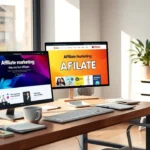 Un bureau moderne avec un écran d'ordinateur affichant un site web d'affiliation.