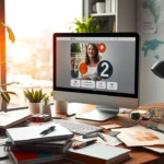 Un bureau créatif avec un ordinateur, des matériaux de branding, et une vue sur la ville.