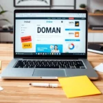 Un bureau moderne avec un ordinateur portable ouvert sur une interface de conception de site web, illustrant la création d'un nom de domaine attractif.