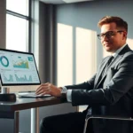 Une personne d'affaires confiante analysant des noms de domaine dans un bureau moderne.