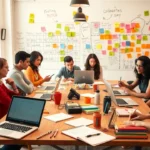 Une scène de travail collaborative pour un projet de blog interactif.