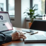 Un bureau moderne où un professionnel gère des noms de domaine de manière sécurisée.