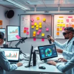 Un laboratoire numérique moderne avec des équipes testant des idées de projets.