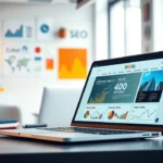 Scène photoréaliste illustrant le développement d'un mini-site SEO pour valoriser un nom de domaine.