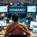 Person réfléchissant à un nom de domaine dans un bureau moderne.