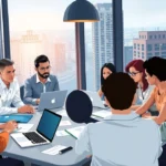 Illustration de personnes discutant des stratégies pour acheter un nom de domaine.