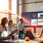 Une illustration photoréaliste d'une équipe discutant des stratégies de valorisation de nom de domaine dans un bureau moderne.