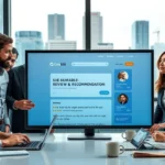 Bureau moderne avec des professionnels travaillant sur un site d'avis