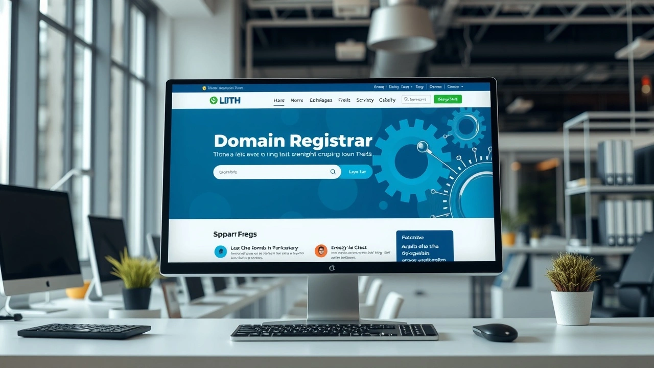 bureau moderne avec un ordinateur affichant un site de registrar