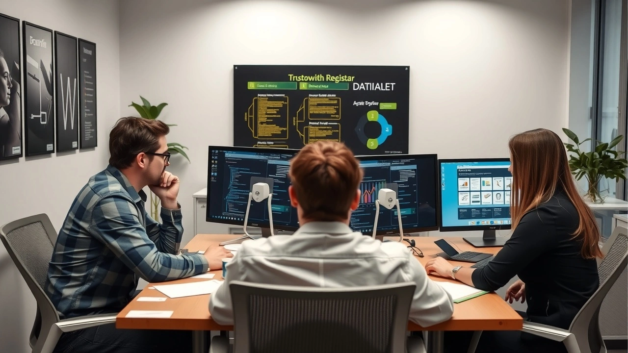 bureau d'un registrar de domaine avec ordinateur et professionnels