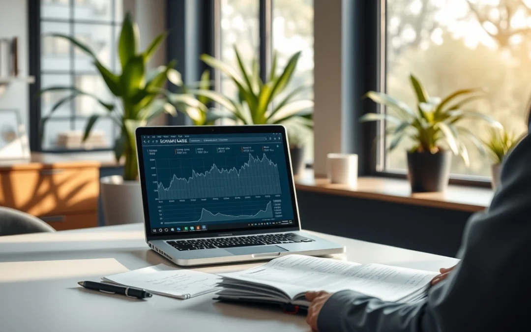 Une image d'un bureau moderne avec une personne évaluant la revente d'un nom de domaine.