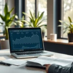 Une image d'un bureau moderne avec une personne évaluant la revente d'un nom de domaine.